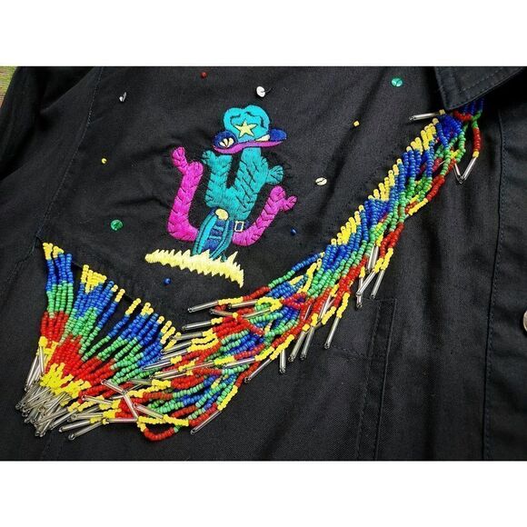 Vtg 90s Black Western Shirt Colorful Embroidery Festival Cowboy Beaded Fringe SM - Picture 5 of 7